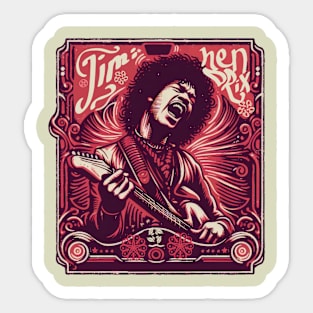 tshirt mug, sticker, print,  of Jimi Hendrix in Velved red colors, on stage Sticker